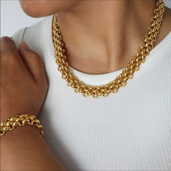 1 Zara Chain Mail Flat Link Chain Metallic Gold Basket Weave Flexible Necklace - Picture 4 of 16
